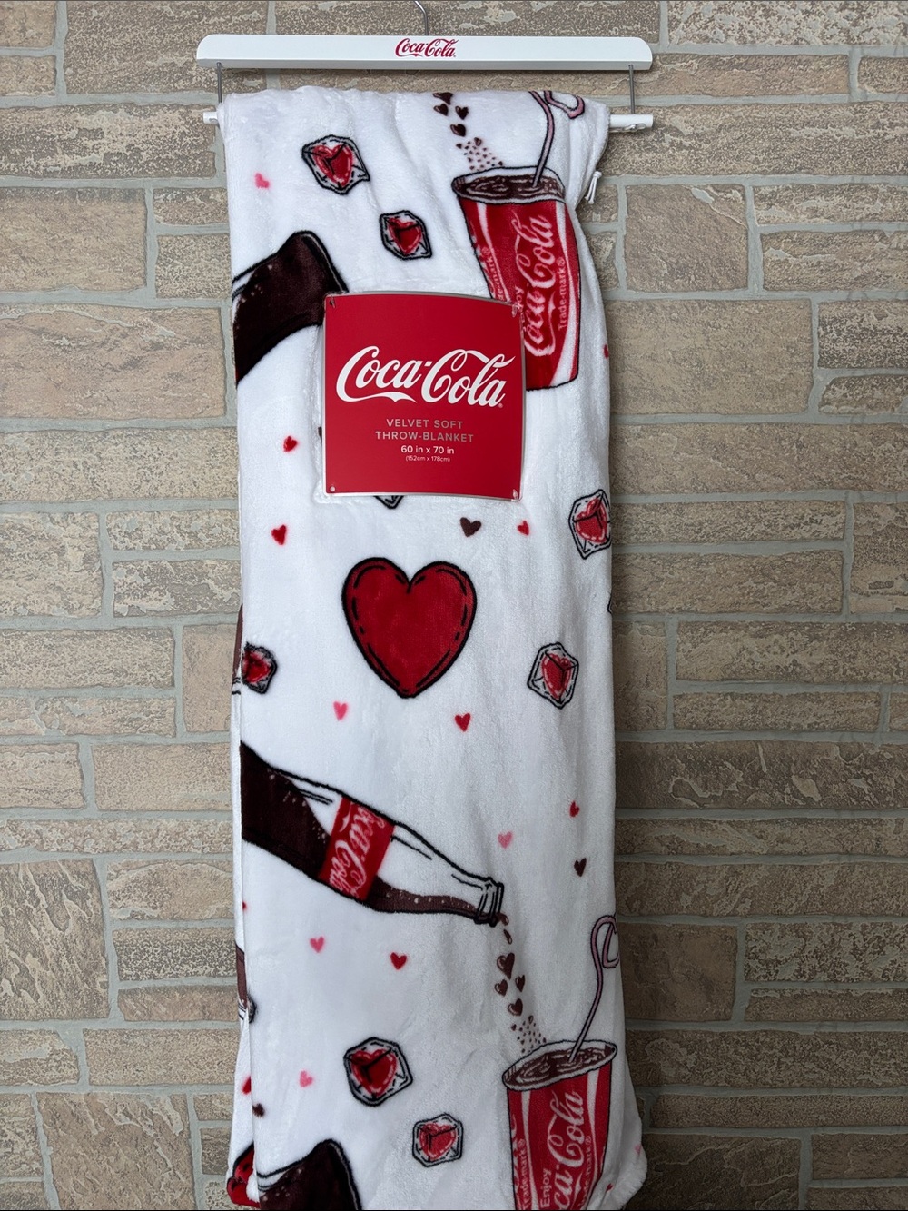 Coca Cola White Blanket with Red Heart & Bottle Motif